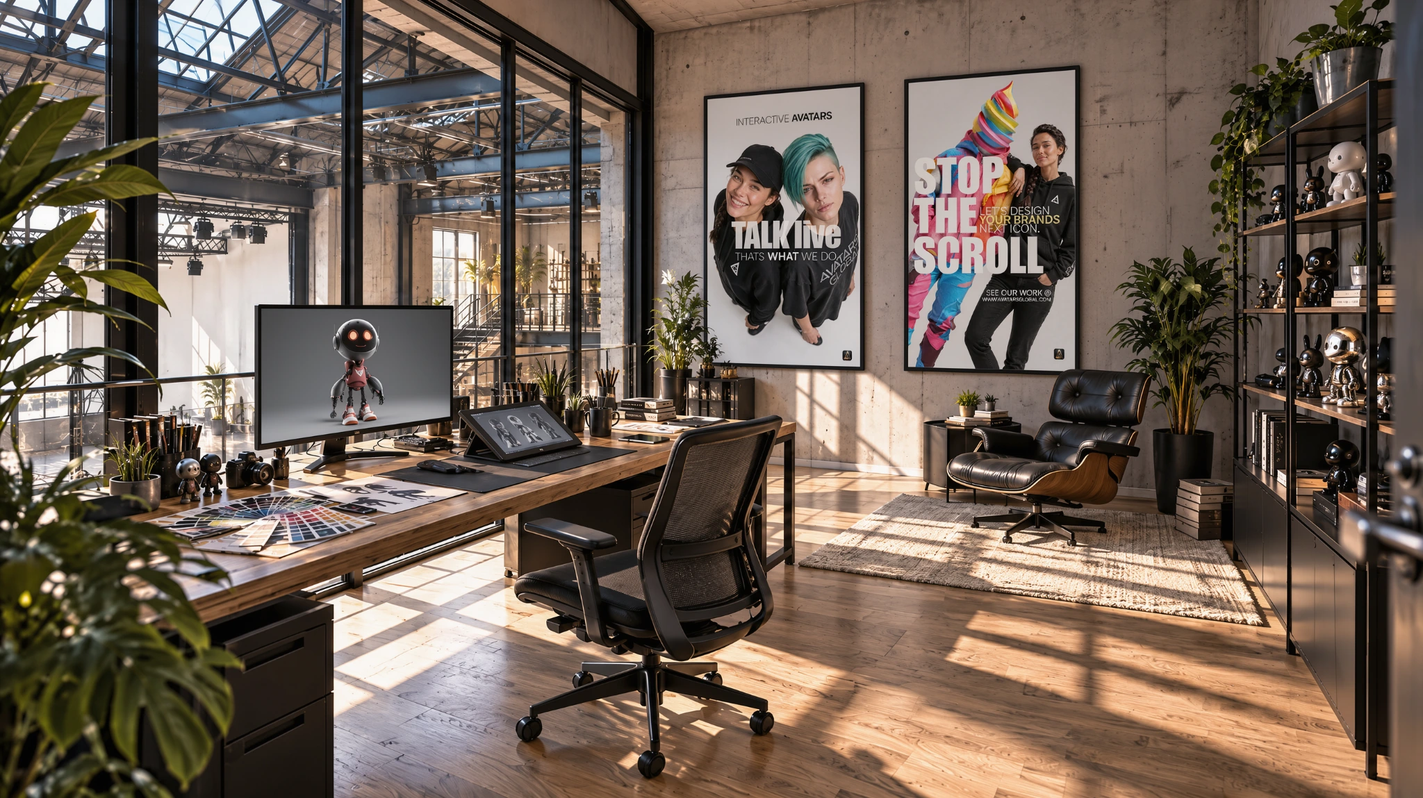 Avatars Global studio with character artwork and a robot on a monitor
